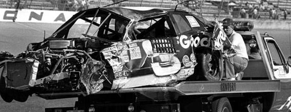 1989 - Dale Earnhardt's Busch GN car is taken to the pits following a practice crash...