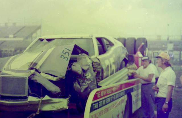 Dick Trickle's Mercury on the trailer after a 3rd lap crash in the 1975 Daytona 500...