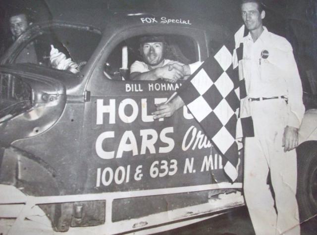 Wild Bill Hohman takes a win in Ray Fox's car in the late 1950s (Courtesy Ray Fox)