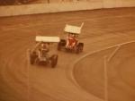 Don Heckman leading John Klausing in Sprint Car action...