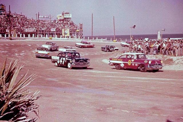 Cotton Owens leads Jack Smith out of the North Turn during the 1957 GN race - Owens won....