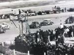 1958 Modified race - Carl Burris #53A, Vince Conrad #49, Eddie Anders #77A and Paul Goldsmith #87...