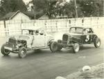 Bob Luscomb (5) races an unknown competitor at Sunbrock Speedway in the mid '50s (Luscomb Collection)